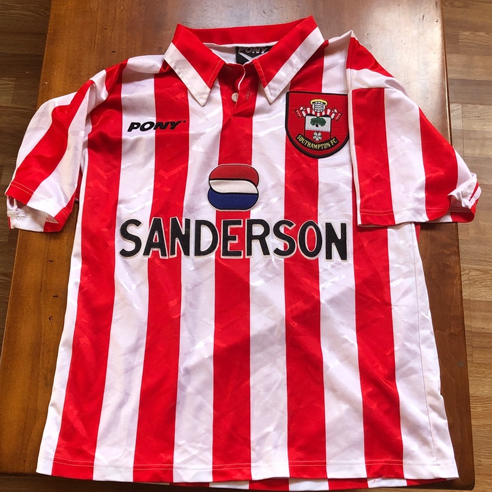 vintage Southampton F.C. Pony Home football shirt with the Sanderson sponsor.